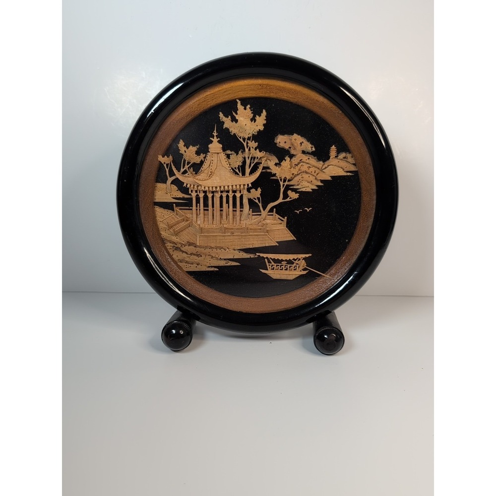 Vintage Cork Panel Decorative Asian Far East Pagoda Boat Scene detail on stand